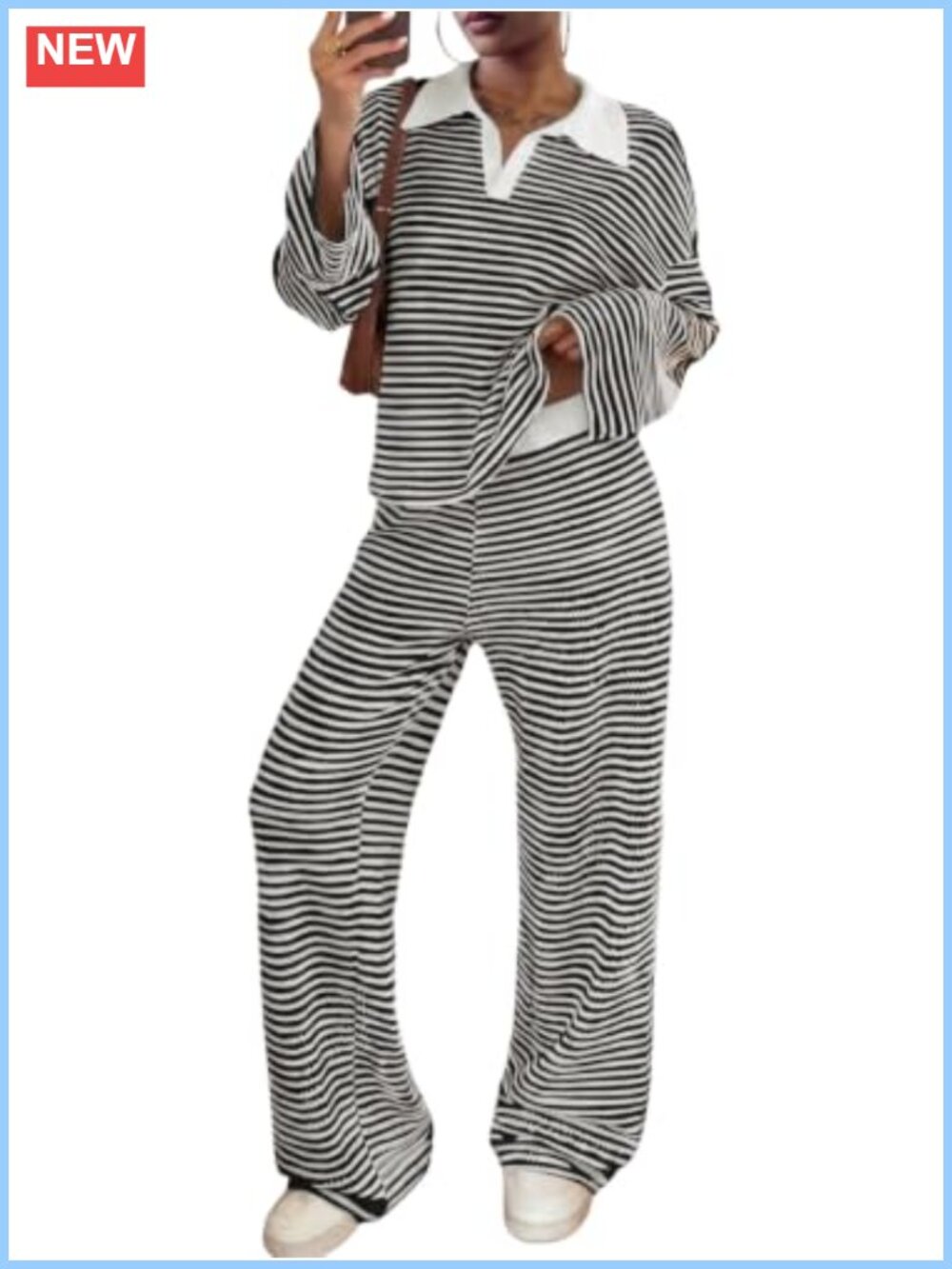 Striped Knit Long Sleeve Polo Sweater and Pants Matching Set